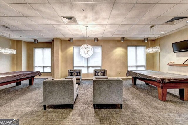 game room featuring carpet flooring, plenty of natural light, and billiards