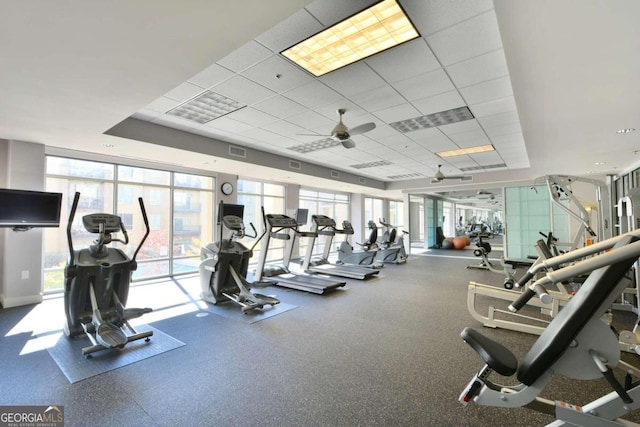 workout area featuring ceiling fan, a healthy amount of sunlight, and a paneled ceiling