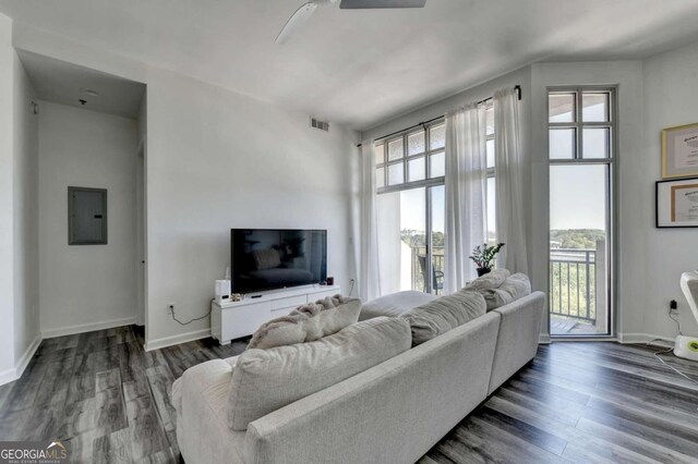 living room featuring electric panel, dark hardwood / wood-style flooring, and a wealth of natural light