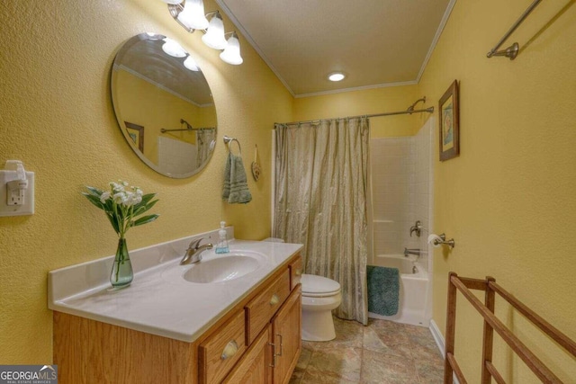 full bathroom featuring ornamental molding, vanity, shower / tub combo with curtain, and toilet