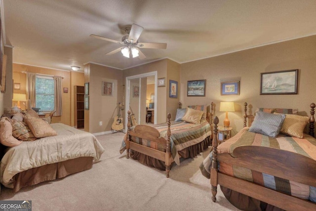 bedroom with ornamental molding, light carpet, and ceiling fan