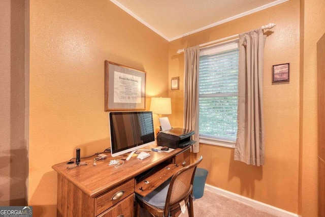 office area featuring crown molding and light colored carpet