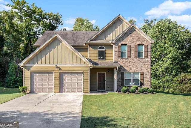 craftsman inspired home featuring a front yard and a garage