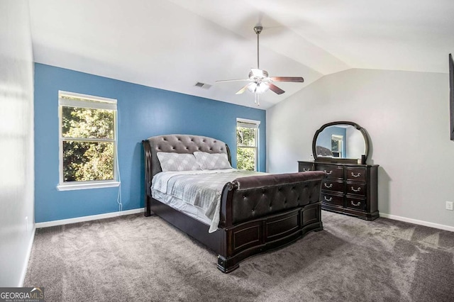 carpeted bedroom with ceiling fan and lofted ceiling