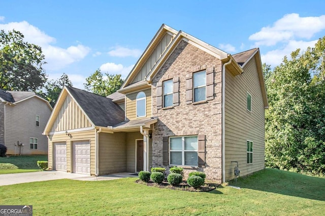 craftsman-style house featuring a garage and a front lawn