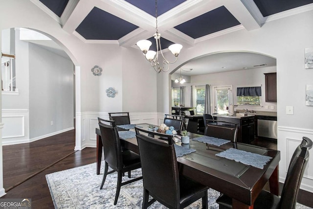 dining space featuring coffered ceiling, ornamental molding, a chandelier, and dark wood-type flooring