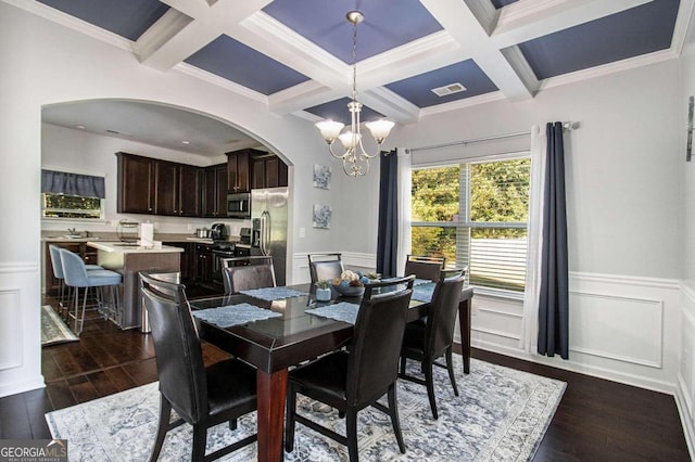 dining space with coffered ceiling, beamed ceiling, dark wood-type flooring, and a notable chandelier