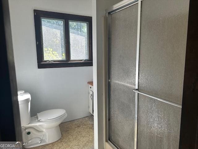 bathroom with vanity, toilet, and a shower with door