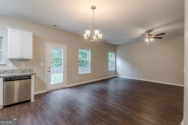 interior space with white cabinetry, dishwasher, light stone counters, dark hardwood / wood-style flooring, and pendant lighting