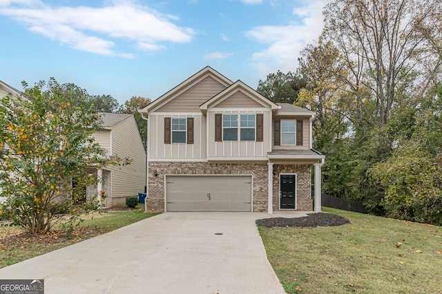 craftsman-style home featuring a garage and a front lawn