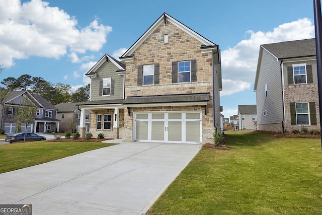 craftsman-style home with a garage and a front lawn