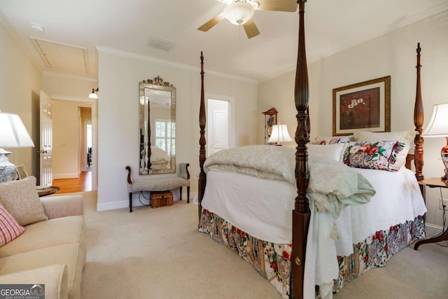 bedroom featuring light carpet, ornamental molding, and ceiling fan