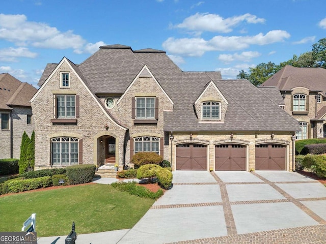 french country inspired facade with a front yard and a garage