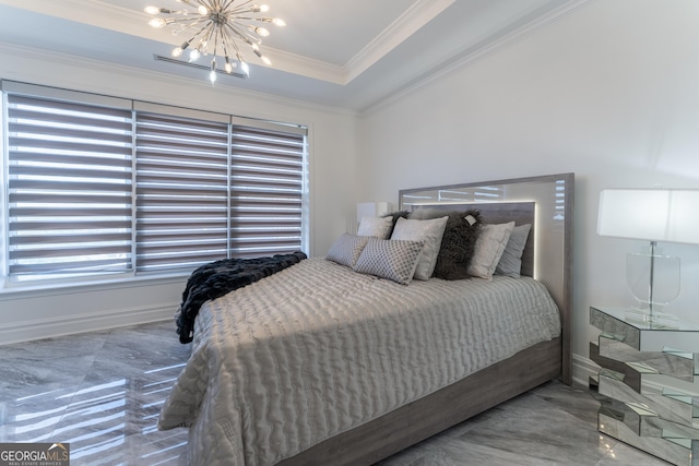 bedroom with a chandelier, marble finish floor, crown molding, and a raised ceiling