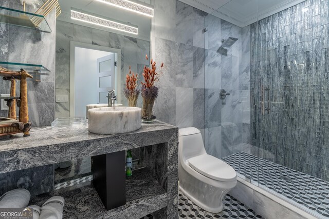 bathroom with toilet, tile walls, walk in shower, and a sink