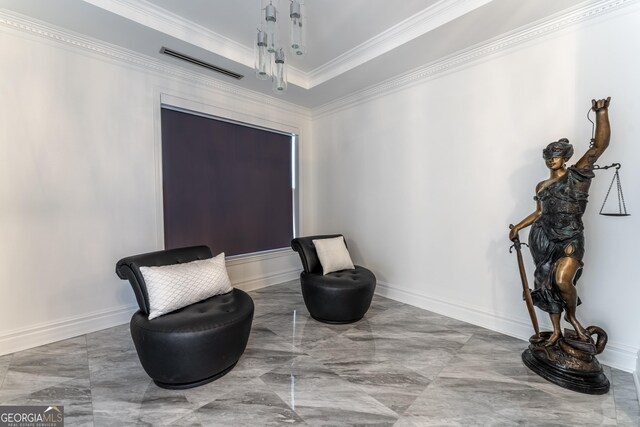 living area featuring visible vents, baseboards, marble finish floor, and ornamental molding
