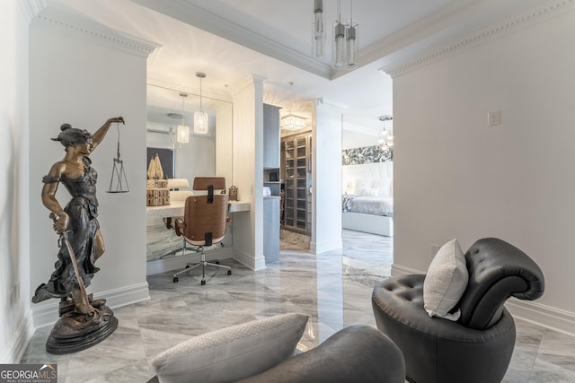 office space with a notable chandelier, marble finish floor, crown molding, and baseboards