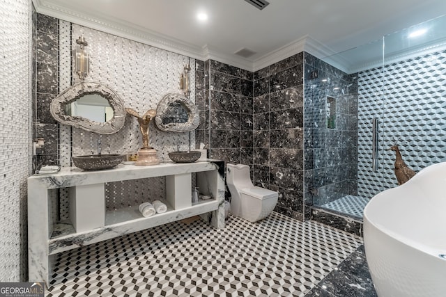 bathroom featuring visible vents, toilet, ornamental molding, tiled shower, and a freestanding bath