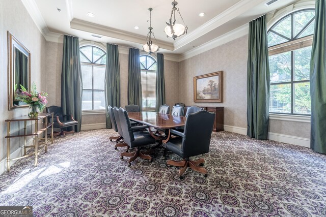 dining room with visible vents, baseboards, ornamental molding, recessed lighting, and a raised ceiling