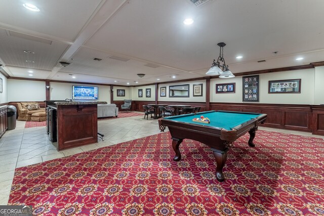 playroom with a community bar, light tile patterned floors, wainscoting, and recessed lighting