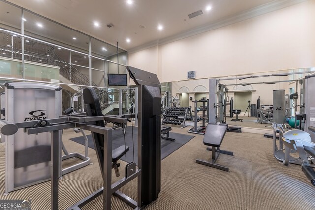 exercise room featuring visible vents, a towering ceiling, and crown molding