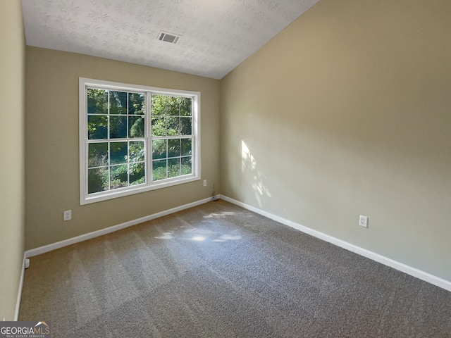 carpeted empty room featuring a textured ceiling and vaulted ceiling