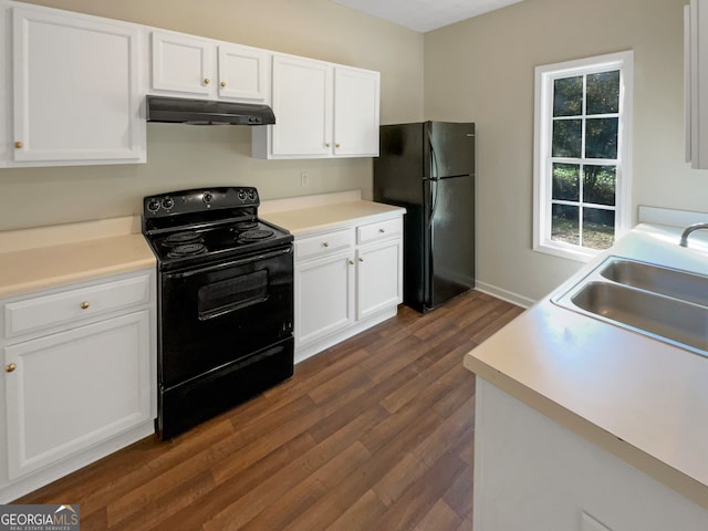 kitchen featuring black appliances, sink, dark hardwood / wood-style floors, and white cabinets