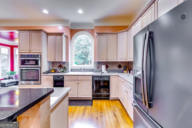 kitchen with ornamental molding, sink, stainless steel appliances, light hardwood / wood-style floors, and decorative backsplash