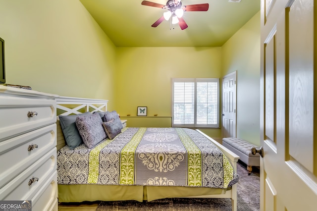 bedroom featuring ceiling fan and carpet flooring