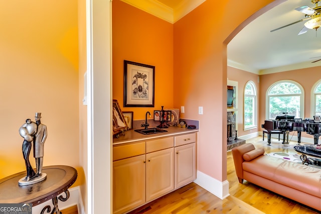 interior space with light wood-type flooring, ceiling fan, crown molding, sink, and a fireplace