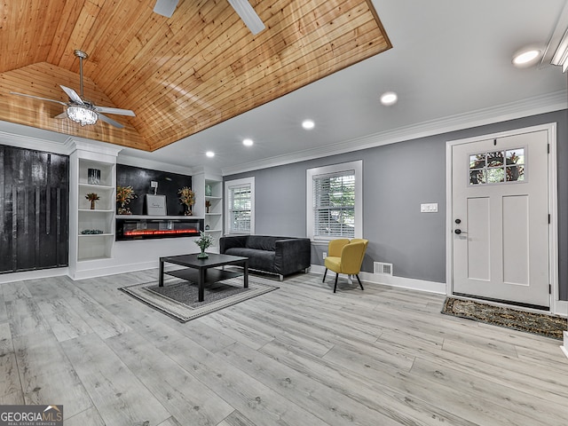 living room featuring built in features, crown molding, wooden ceiling, light hardwood / wood-style flooring, and vaulted ceiling