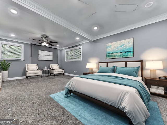 bedroom featuring crown molding, ceiling fan, and carpet flooring