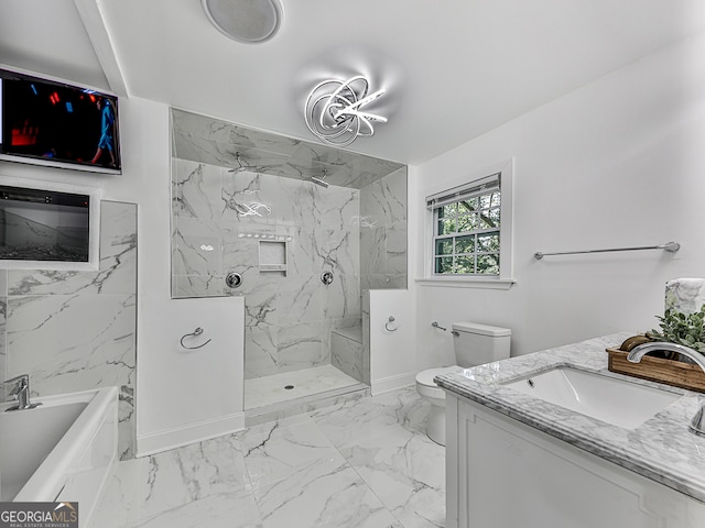 full bathroom featuring vanity, separate shower and tub, and toilet