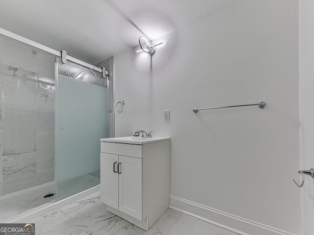 bathroom featuring walk in shower and vanity