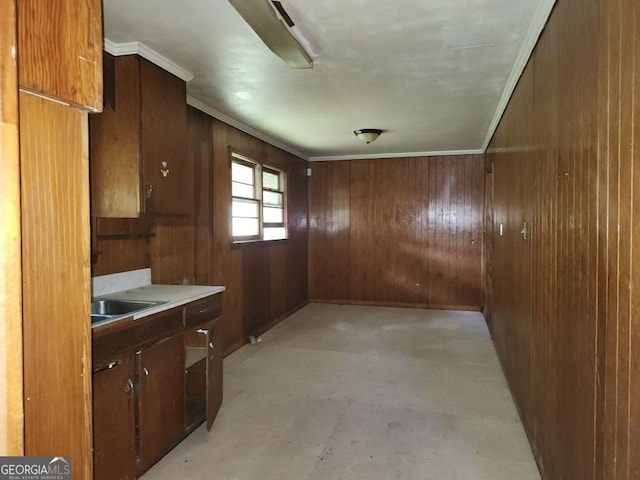 interior space with crown molding, sink, and wooden walls