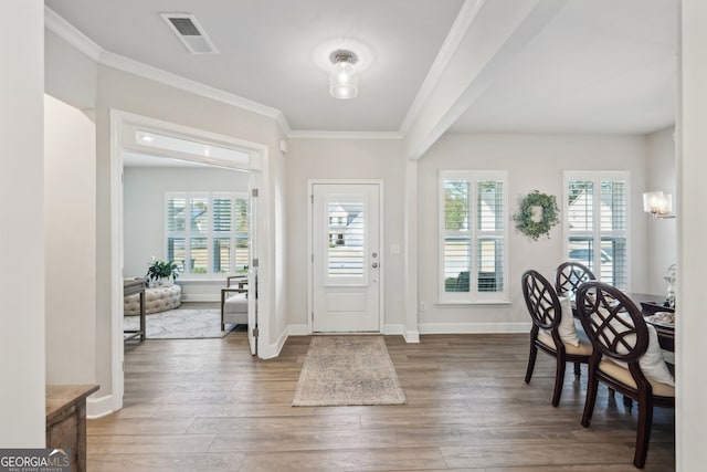 foyer entrance featuring a wealth of natural light, crown molding, and dark hardwood / wood-style flooring