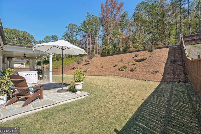 view of yard with ceiling fan and a patio area