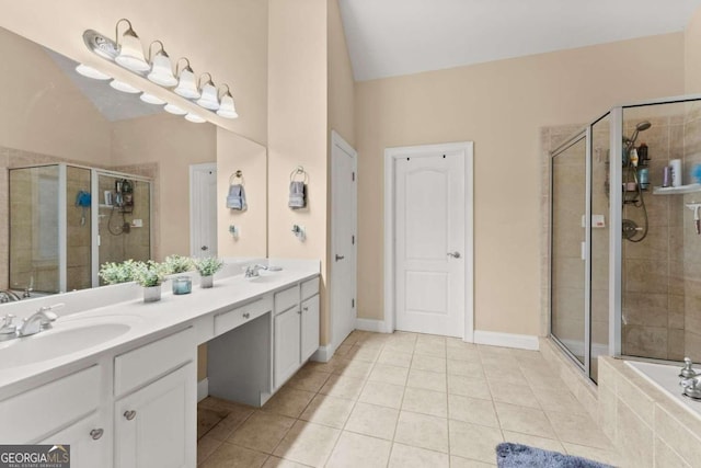 bathroom with vanity, tile patterned floors, plus walk in shower, and lofted ceiling