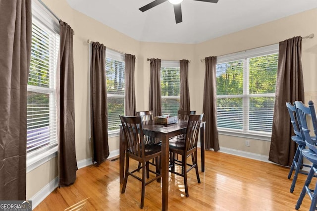 dining room featuring light wood-type flooring and ceiling fan