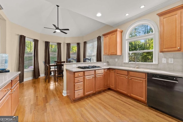 kitchen with stainless steel gas cooktop, decorative backsplash, dishwasher, kitchen peninsula, and light hardwood / wood-style flooring