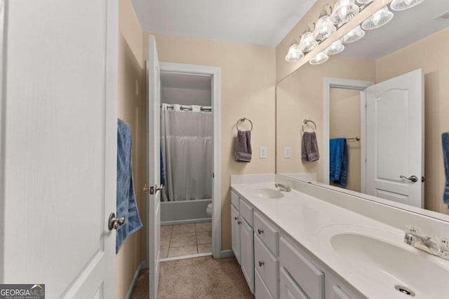 full bathroom with toilet, shower / bath combo, vanity, and tile patterned floors