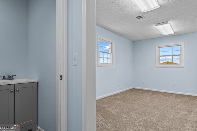 carpeted empty room with sink, a textured ceiling, and a healthy amount of sunlight