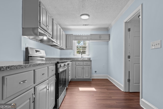 kitchen with gray cabinetry, a textured ceiling, dark hardwood / wood-style floors, and stainless steel range oven