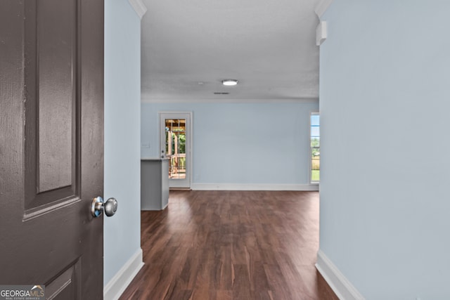 hall featuring dark hardwood / wood-style floors and crown molding