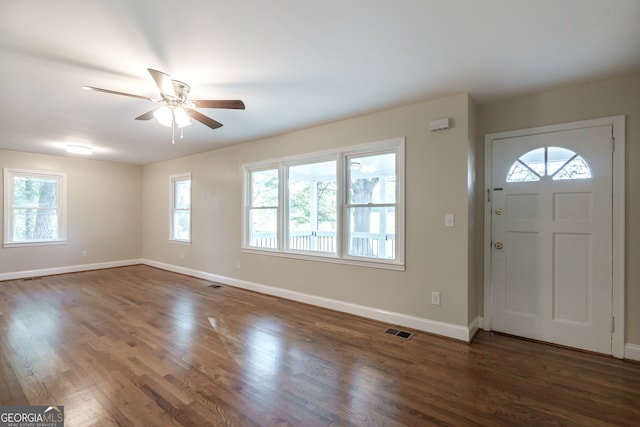 entryway featuring dark hardwood / wood-style flooring, a wealth of natural light, and ceiling fan