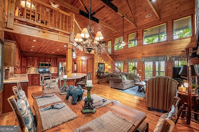 dining area with ceiling fan with notable chandelier, sink, high vaulted ceiling, wooden ceiling, and light hardwood / wood-style floors