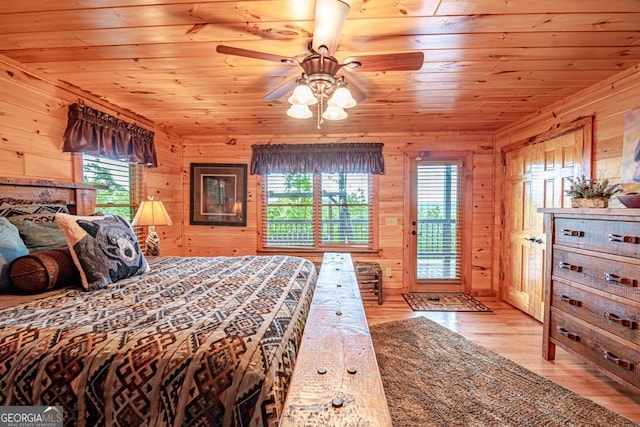 bedroom featuring light wood-type flooring, ceiling fan, wooden walls, and wood ceiling