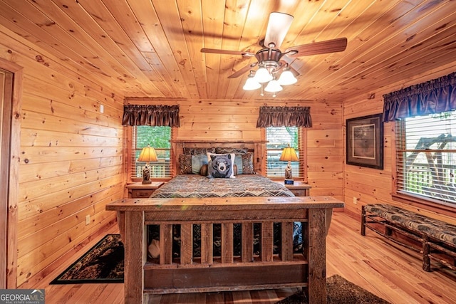 bedroom featuring ceiling fan, wood walls, light wood-type flooring, and wooden ceiling