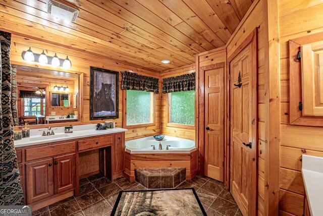 bathroom with vanity, a bathtub, wooden ceiling, and wood walls