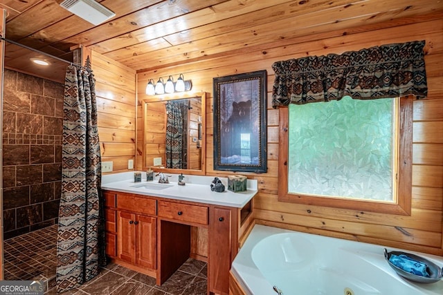 bathroom with vanity, separate shower and tub, wooden ceiling, and wood walls